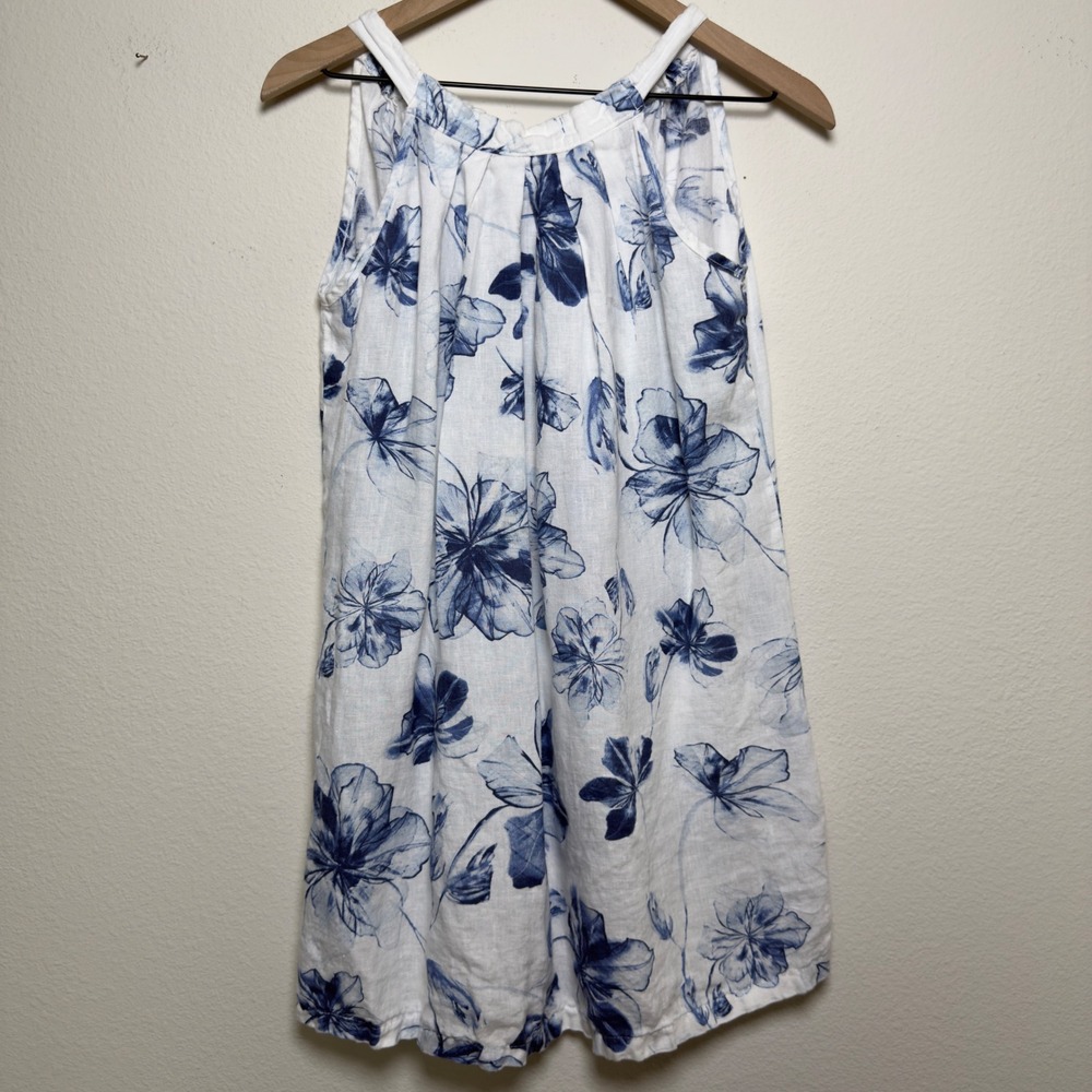 Women 100% Linen Dress Medium Blue White Floral Halter Neck Mini Resort Vacation